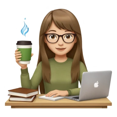 a designer with light skin long brown hair bangs waving, stack of books, coffee cup on top, water bottle, computer, matcha  sticker