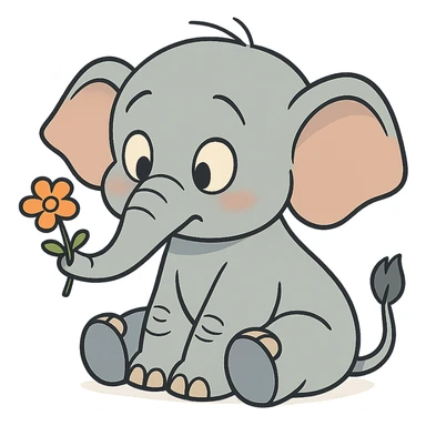 baby elephant holding a small flower in flat toon style sticker