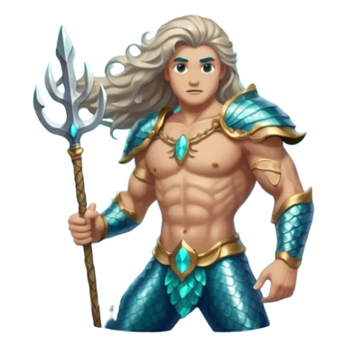 portrait of a muscular merman warrior with dark aqua scales, silver armor pieces on shoulders and arms, holding a glowing trident, stern expression, long flowing hair, underwater battle stance sticker