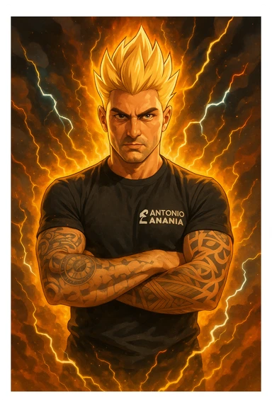 a muscular man with spiky hair stands in a powerful pose, surrounded by a glowing, fiery aura reminiscent of Goku’s Super Saiyan transformation. His eyes are intense and determined, and his body radiates energy and confidence. Lightning bolts and energy waves crackle around him, symbolizing a surge of testosterone and vitality. The background is dramatic, with swirling clouds and vibrant colors. sticker