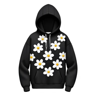 "Design a black hoodie adorned with scattered, medium-sized black and white flowers. Each flower should consist of a bold, thick white ring forming the petals, with a completely hollow center, creating an open, circular look. The flowers should have an irregular, asymmetrical shape and be evenly distributed across the hoodie, including the sleeves and hood. Keep the design minimalistic—no detailed petals, shading, or filled centers, just simple, bold, hollow ring-like floral patterns." sticker