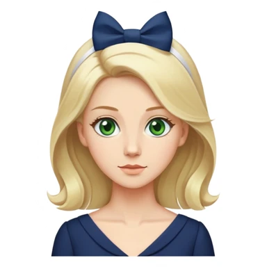 Blond hair green eyes navy blue dress with a white bow in her hair and is tall  sticker