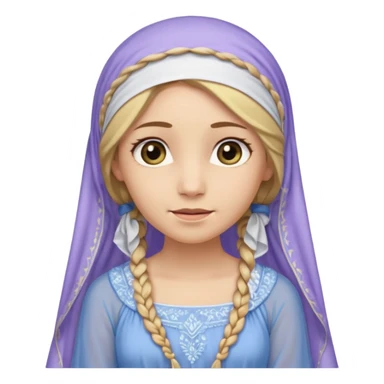 
mujer, Joven, de aspecto dulce y elegante.
Piel clara, ojos grandes y expresivos, sonrisa triste.
Rubio o castaño claro, largo, con trenzas o velo.
Vestido largo de tonos suaves (blanco, azul o lavanda), con bordados dorados; toca fina cubriendo la cabeza. cuerpo entero
 sticker