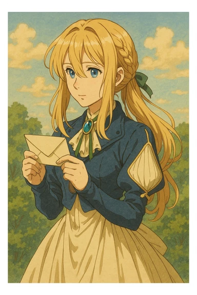 Violet Evergarden, elegant anime girl with long blonde hair, blue eyes, wearing a blue and white dress with a brooch, holding a letter, in a soft, detailed anime style sticker