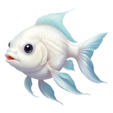 Cinematic Cute White Goldfish Portrait Emoji, Head tilted playfully and inquisitively, featuring a glossy, pure white body with delicate, shimmering scales and round, sparkling pale eyes filled with curiosity, Simplified yet irresistibly adorable features, highly detailed, glowing with a warm, friendly glow, high shine, affectionate and lively, stylized with a touch of whimsy, bright and endearing, soft glowing outline, capturing the essence of a mischievous yet loving goldfish, so playful it feels like it could swim out of the screen and into your heart! sticker