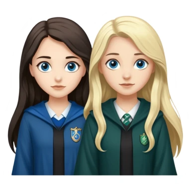 a pretty ravenclaw girl with long dark brown hair and blue eyes standing with a pretty Slytherin girl with long blonde hair, blue eyes sticker