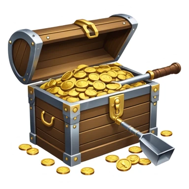 An icon featuring a treasure chest partially open, revealing gold coins and jewels. A metal detector and a shovel are nearby, symbolizing the excitement of treasure hunting. The design evokes adventure, exploration, and the thrill of discovering hidden treasures. transparent background. sticker