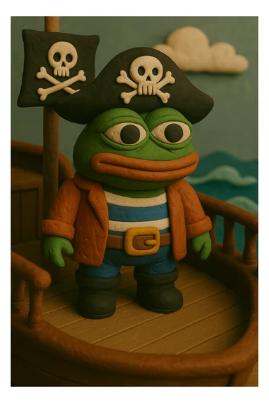 Ensure the exact skull and crossbones is clearly visible on both the pirate flag and the pirate hat in the claymation style image of Pepe the Frog in pirate attire, standing on a pirate ship deck, ocean scene. sticker