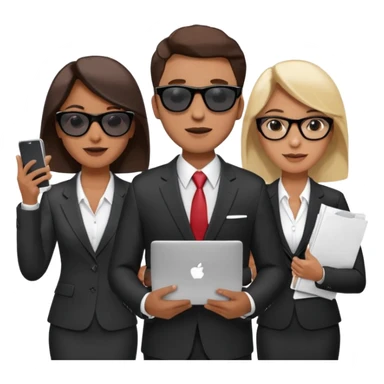 Команда в деловых костюмах из трёх человек. на переднем палне Мужчина впереди общается по смартфону, дальше женщина слева стоит с ноубуком, мужчина справа держит бумаги. У всех людей разные, но позитивные эмоции. Все троя в солнцезащитных очках sticker
