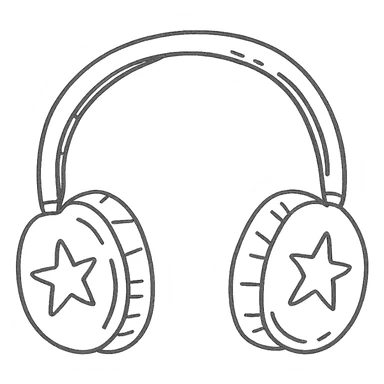 black and white headphones with stars, hand drawn outline style sticker