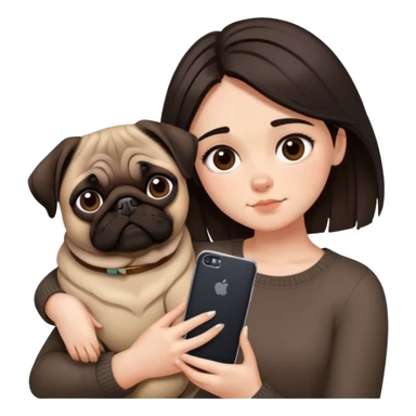 Pretty girl with dark brown casscading choppy hair frames her face as she holds her phone and her big pug lays beside her sticker