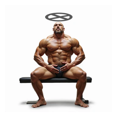 realistic muscular bodybuilder sitting on bench with slumped posture, pelvic area highlighted with gray halo and prohibition symbol, Italian caption 'Libido a terra', isolated on white background sticker