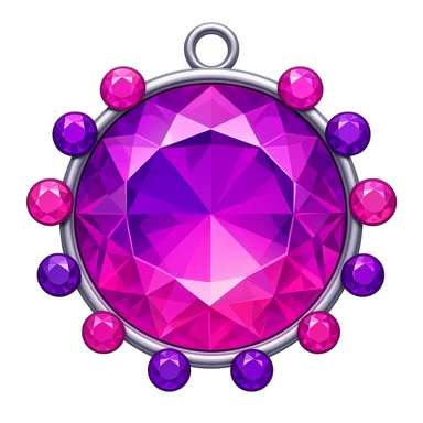 Add more gemstone accents and introduce pink hues to the purple sugilite holographic gem charm with silver metal frame, keep emoji style sticker