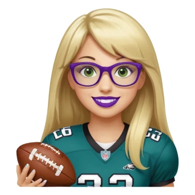 long blonde hair with straight bangs, black rectangle glasses, female, green eyes wearing eagles uniform jersey number 33 holding football smiling purple lipstick sticker