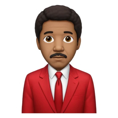 Richard Pryor with dark brown hair, red suit jacket, black suit shirt with red tie sticker