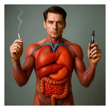 Hyperrealistic 4K vertical 9:16 medical illustration, realistic human anatomical body, inflamed liver and intestines highlighted, man holding a lit cigarette in the right hand and an electronic cigarette in the left, style identical to the reference image. sticker