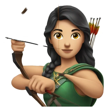 a male archer aiming with a bow in her hand but no arrow, dark hair, bright skin, sticker