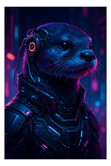 futuristic otter portrait with neural interface, neon reflections, sleek cyberpunk style sticker