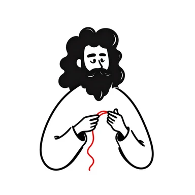 A man with a beard, long hair and a red thread in his hands sticker