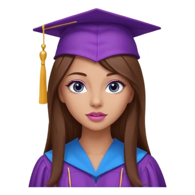 pretty girl with beautiful extremely long brown hair, blue eyes, long lashes makeup, sexy pink lips, wearing a purple graduation cap and gown sticker