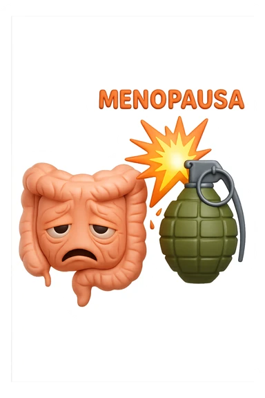 EMOJI STILE IPHONE 3D DI INTESTINO ANZIANO CON RUGHE SFINITO CON ESPRESSIONE STANCA, ACCANTO A LUI SCOPPIA UNA GRANATA 3D CON LA SCRITTA "MENOPAUSA" SOPRA sticker