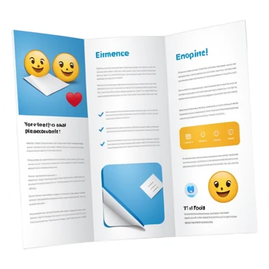 tri-fold brochure opened, with simple layout lines and image placeholders. sticker