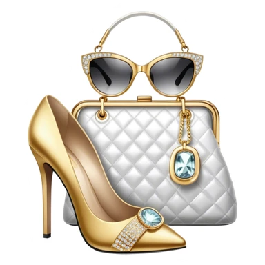 A photorealistic icon featuring luxurious fashion accessories like a high-end handbag, elegant high heels, a sparkling diamond necklace and a stylish pair of sunglasses. The design includes gold accents, soft lighting, and glamorous textures, fashion, and VIP luxury. Transparent background sticker