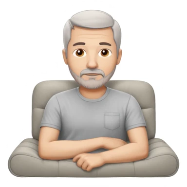 a 50 year man, short grey hair, stubble beard, laying on a ottoman of a light grey cord sofa, front view sticker