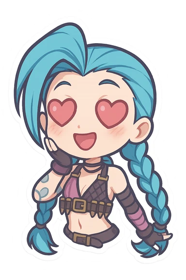 Jinx from League of Legends with heart-shaped eyes, chibi style, wearing a purple outfit sticker