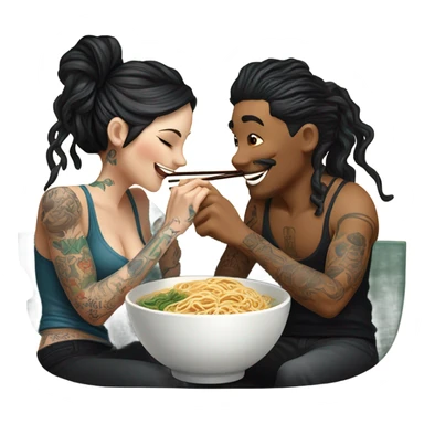 romantic noodle date with beautiful loving tattooed white couple sharing noodle sticker
