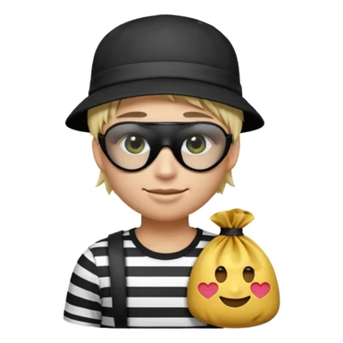 Realistic ios emoji-style portrait of a classic burglar, a black eye mask and a black-and-white striped shirt. Highly detailed, natural skin texture, realistic shadows, smooth gradients, glossy reflections in the eyes. emoji-like hair, black hat, an ios emoji bag of money in a right corner  sticker