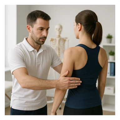 realistic kinesiologist evaluating a patient's posture during a kinesiological assessment in a clinical environment, inspired by reference photo https://attic.sh/r66tucayi7ewfjges2vhulor9bux sticker