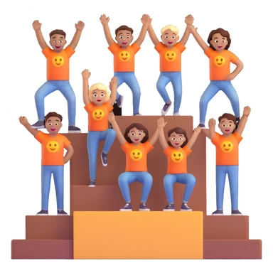 multi-racial group on a brown winners’ podium with the middle step higher, no numbers, all in colorful jeans, t-shirts, and hoodies, excited fun expressive 3D emoji style sticker