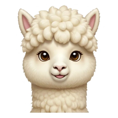 Cinematic Cute Cream Alpaca Portrait Emoji, Head tilted playfully and inquisitively, featuring a fluffy, cream fleece with a natural sheen, round, sparkling gentle eyes filled with curiosity, Simplified yet irresistibly adorable features, highly detailed, glowing with a warm, friendly glow, high shine, affectionate and gentle, stylized with a touch of whimsy, bright and endearing, soft glowing outline, capturing the essence of a mischievous yet loving alpaca, so playful it feels like it could prance out of the screen and into your arms! sticker