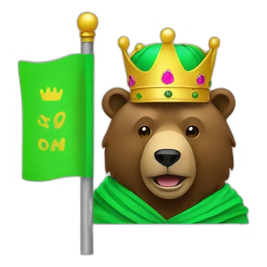 a brown bear with a crown holding a neon green flag sticker