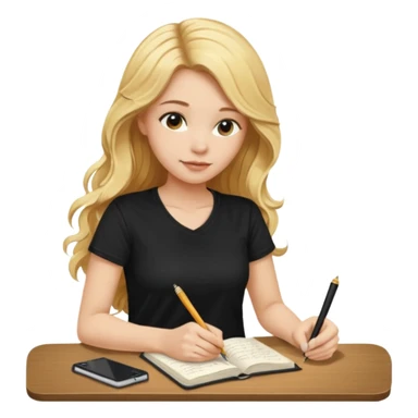 A beautiful blonde with long wavy hair in a black T-shirt sits and writes in a diary with a brown pen without table  sticker