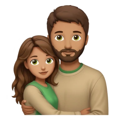 a man with short brown hair and brown beard with brown eyes and a girl with long brown wavy hair with green eyes, togheter. Beige clothes, hugged each other sticker