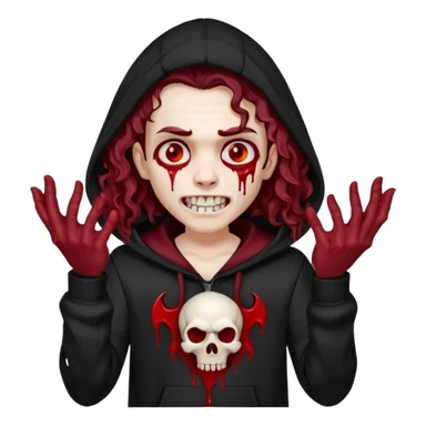 Vampire wearing a black hoodie with a skull logo on it, long curly hair that covers the forehead, fanged teeth and blood on hands sticker