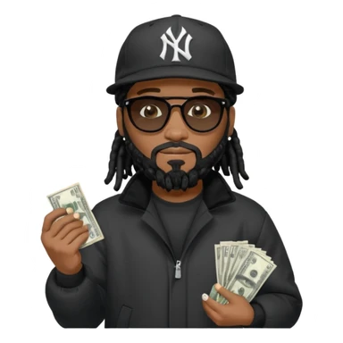 African American man with shoulder length black dreadlocks with black beard wearing black sunglasses wearing a black New York Yankees logo baseball Cap wearing a black bubble winter coat counting money in his hand sticker