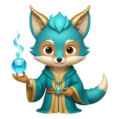 Chibi teal fox with small antler horns, confident magical expression, gold mark on forehead, teal-gold robe, holding glowing blue water orbs, with dragon tail with small antler horns on its head sticker