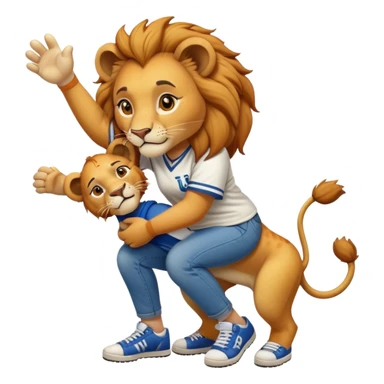 confident anthropomorphised female lion wearing a baseball shirt, jeans, and trainers, helping someone up after a fall, showing kindness sticker