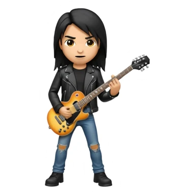3D Apple-style emoji of a metal musician. Long hair, black leather jacket, ripped jeans, holding an electric guitar. Intense expression, glossy, rounded, smooth, soft shadows, white background.









 sticker