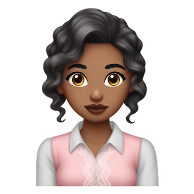 Fair girl with Cupid bow lips and long eyelashes and black eyes straight eyebrows wavy long black hair pink blush on cheeks wearing flare lace shirt  sticker