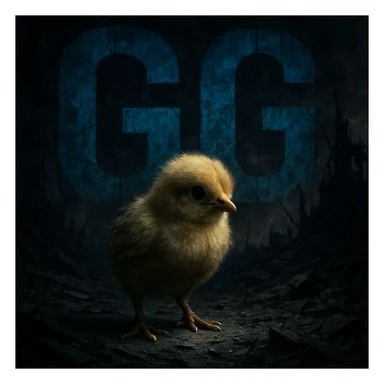 Small chick in a devastated world with blue letters 'GG' integrated into the background, dramatic and contrasting style, impactful and dark environment. sticker