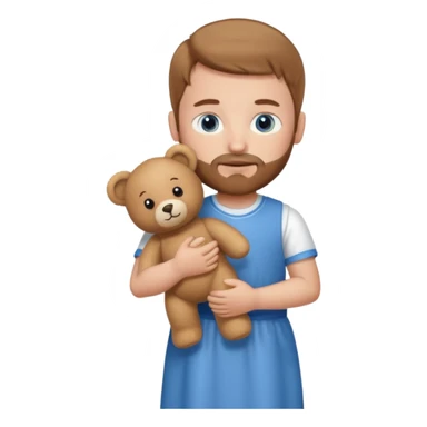 Boy eith light brown hair and a beard, blue eyes, with a dress and a bear in his hands sticker