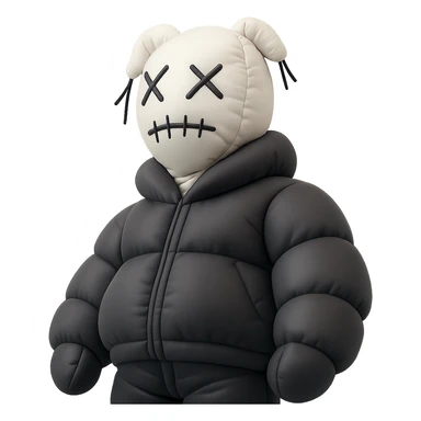 This image shows a person wearing a unique and artistic outfit. The perspective is shot from a low angle, making the figure appear imposing and dramatic. Here are the key elements:
	•	Headgear: The person is wearing a white knitted balaclava-style mask with black, irregular stitched designs and protruding black threads, giving it a surreal or avant-garde look.
	•	Clothing: The outfit appears to be a dark, possibly custom or streetwear-style jacket with visible seam or pattern details.
	•	Setting: The background is minimalistic, featuring clean white walls and sharp architectural lines, contributing to a modern and abstract aesthetic.
	•	Vibe: The overall feel is edgy, mysterious, and highly stylized—reminiscent of conceptual fashion photography or art-driven editorial shoots. sticker