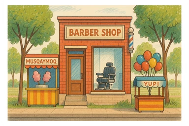 brohouse sartarosh xonasini chizib ber tashqaridan va uning yonida yupi va musqaymoq sotadigan lavkalar bulsin sticker