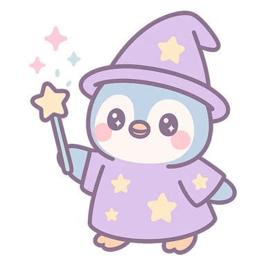 a cute penguin wizard casting a spell, with sparkles and a starry robe sticker
