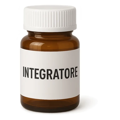 boccetta di integratore con la scritta "INTEGRATORE" SULL'ETICHETTA sticker