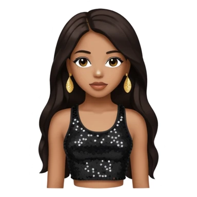 Aaliyah with long dark brown hair, sequin black crop top sticker